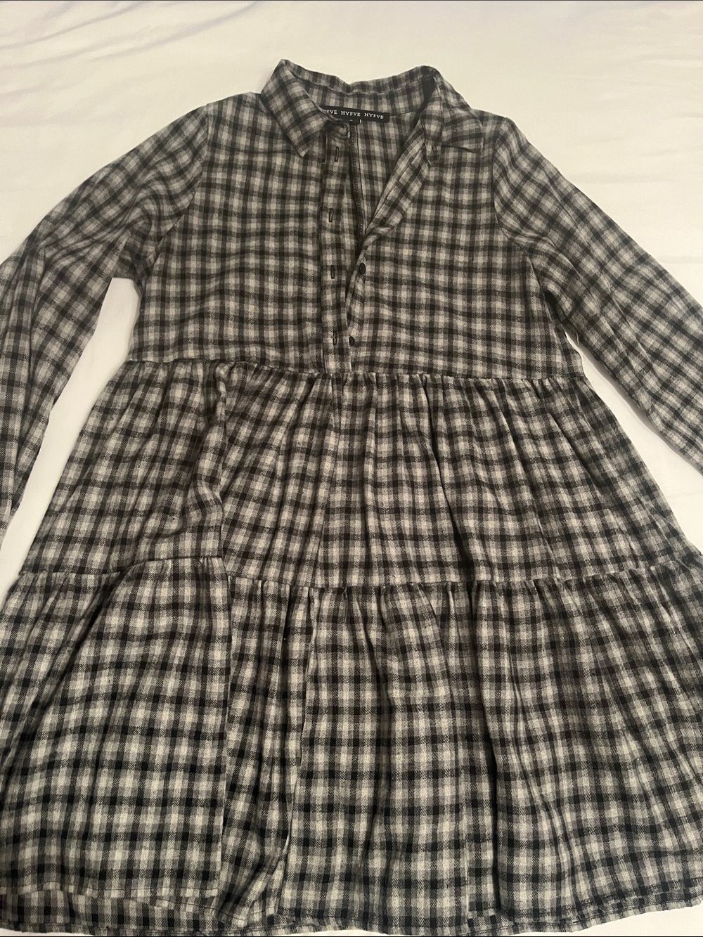 Plaid Long Sleeve Baby Doll Dress - Black & White